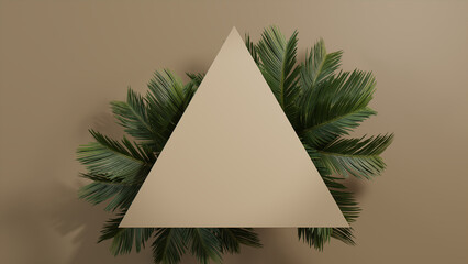 Triangle Botanical Frame with Palm Plant Border. Beige, Natural Design with copy space.