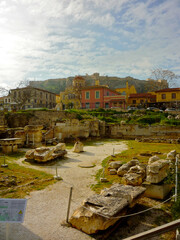Historic ruins and columns of Ancient Greek temples, houses and palaces in downtown Athens...