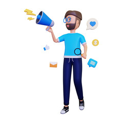 Fototapeta premium Business Advertisement. a man holding a loudspeaker with isolated on white background. 3d illustration