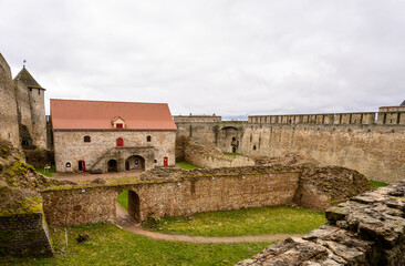 Fortress wall Ivangorod. Ivangorod fortress. History of Russia. fortress courtyard