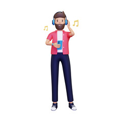 Man listens to music on his smart phone. isolated on a white background. 3d illustration
