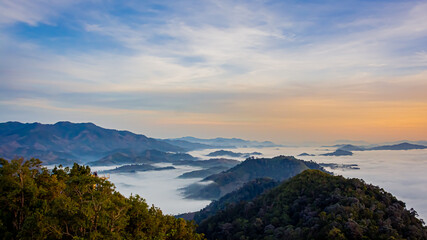 Betong, Yala, Thailand  2020: Talay Mok Aiyoeweng skywalk fog viewpoint there are tourist visited sea of mist in the morning