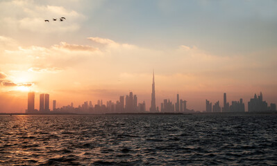 Beautiful sunset view of Dubai skyline