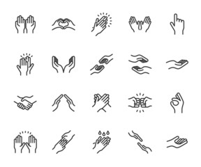 Fototapeta na wymiar Vector set of hands line icons. Contains icons applause, handshake, high five, helping hand, little bit, hand washing and more. Pixel perfect.