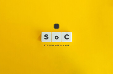 System on a Chip (SoC) Banner. Letter Tiles on Yellow Background. Minimal Aesthetics.