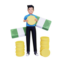 Male Investor holding profit money. isolated on a white background. 3d illustration