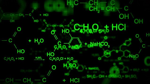 Animation of moving abstract green chemical formulas consisting of benzene rings, hexagons at black background. Medical and Science concepts. Seamless loopable background.