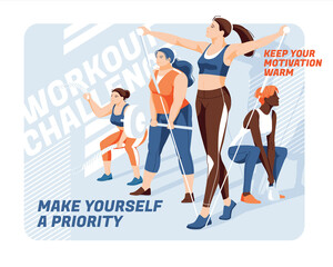 Banner for advertising the gym and training. A group of women of different races and bodies are engaged in fitness on an abstract background. Design for presentations, print, web advertising banners.