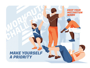 Banner for advertising the gym and training. A group of men of different races are engaged in fitness on an abstract background. Design for presentations, print, web advertising banners.