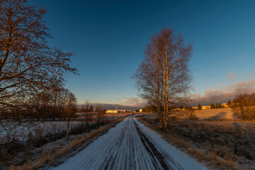 Sunrise near Ctibor and Halze villages in cold snowy morning