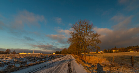 Sunrise near Ctibor and Halze villages in cold snowy morning