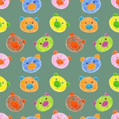 Seamless pattern of multicolored faces of Bears drawn with wax crayons on a Greenbriar background. For fabric, sketchbook, wallpaper, wrapping paper.