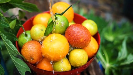 Oranges, mandarins, limes are in the bowl while water is pouring to it green fresh leaves in the background colors are bright orange green yellow red some fruits have branches 