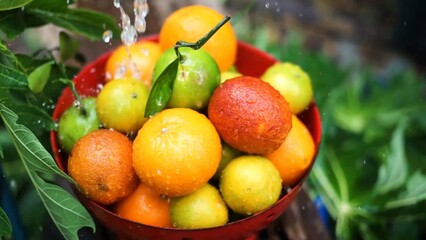 Oranges, mandarins, limes are in the bowl while water is pouring to it green fresh leaves in the background colors are bright orange green yellow red some fruits have branches 