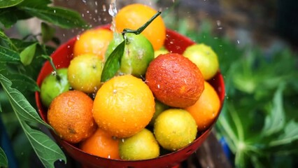Oranges, mandarins, limes are in the bowl while water is pouring to it green fresh leaves in the background colors are bright orange green yellow red some fruits have branches 