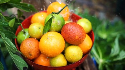 Oranges, mandarins, limes are in the bowl while water is pouring to it green fresh leaves in the...