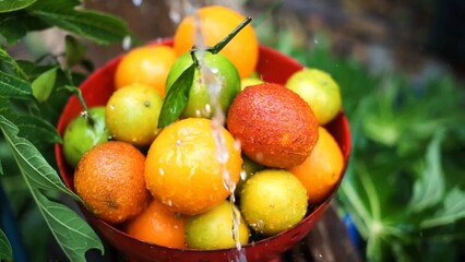 Oranges, mandarins, limes are in the bowl while water is pouring to it green fresh leaves in the background colors are bright orange green yellow red some fruits have branches 