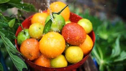 Oranges, mandarins, limes are in the bowl while water is pouring to it green fresh leaves in the background colors are bright orange green yellow red some fruits have branches 