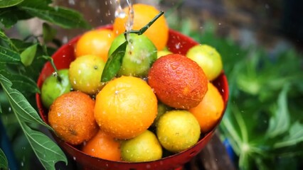 Oranges, mandarins, limes are in the bowl while water is pouring to it green fresh leaves in the background colors are bright orange green yellow red some fruits have branches 