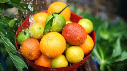 Oranges, mandarins, limes are in the bowl while water is pouring to it green fresh leaves in the background colors are bright orange green yellow red some fruits have branches 