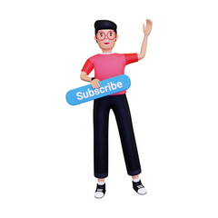 Man promoting subscribe button. isolated on a white background. 3d illustration