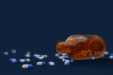 pills bottle and blue and white pharmaceuticals pills 3D computer generated