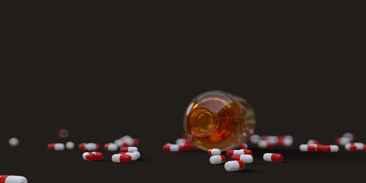 pills bottle and red and white pharmaceuticals pills 3D computer generated