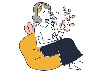 お肌のマッサージをする女性　コミカルな手書きの人物イラスト　ベクター線画にシンプルな色つけ　白バック