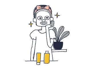 お肌のパックをしている女性　コミカルな手書きの人物イラスト　ベクター線画にシンプルな色つけ　白バック