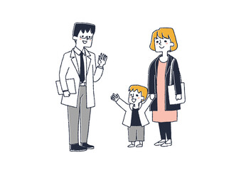 男性医師に手を振る男の子　かかりつけ医を作る　コミカルな手書きの人物イラスト
