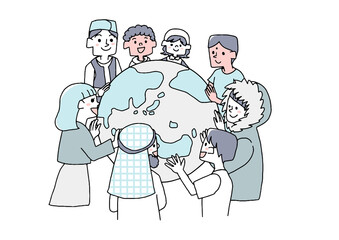 地球を大切にする世界中の人々　コミカルな手書きの人物イラスト　ベクター線画にシンプルな色つけ　