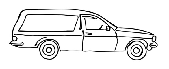 Vector vintage funeral hearse car with coffin inside sketch. Isolated illustration - obrazy, fototapety, plakaty