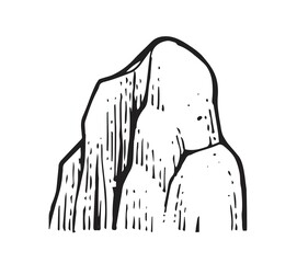Old rock. Piece of cliff. In style of contour engraving. Outline sketch. Hand drawing is isolated on white background. Vector