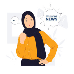 Beautiful muslim woman excited for big news concept illustration
