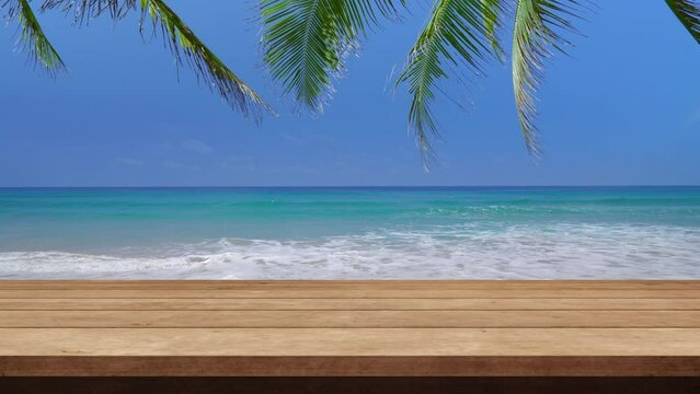 wood top table perspective on beach sea background