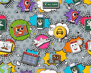 Vector flat seamless texture pattern Hand drawn flat trendy cartoon elements collection Airport