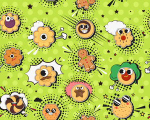 Vector flat seamless texture pattern Hand drawn flat trendy cartoon elements collection Biscuit cookie cracker