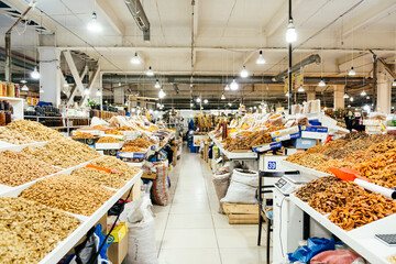 Makhachkala, Russia - October, 2021: dried fruits and nuts are sold in the food market in the city Makhachkala of Republic of Dagestan.