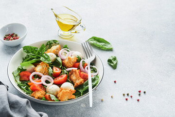 Panzanella, Italian Bread Salad. Traditional food of Italy with tomatoes, mozzarella balls, basil, onion and bread on light grey background. Traditional Italian cooking. Top view. Copy space.