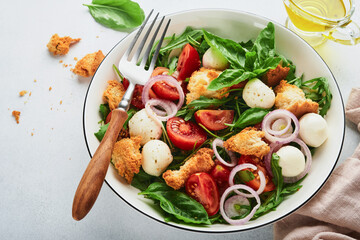 Panzanella Bread Salad. Traditional food of Italy with tomatoes, mozzarella balls, basil, onion and bread on light grey background. Traditional Italian cooking. Top view. Copy space.