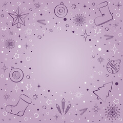round frame with Christmas elements on a lilac gradient background. Sock, Christmas balls, shoe, snowflakes, fireworks, vector