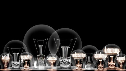 Photo of light bulb group with shining fibers in a shape of Learn & Lead, Leadership, Teamwork and Training concept related words isolated on black background. Hight quality 4k video.