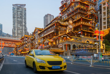 Fototapeta premium Highway and Chongqing Hongyadong folk Street，china