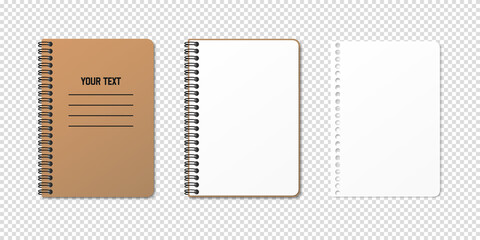 Vertical spiral spring notepad with space for your image or text on transparent background in three variations. Clean empty sheet. Notebook vector clipart illustration. Top view