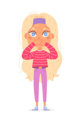 Cute girl covering mouth with hands for silence, wise child with funny secret expression