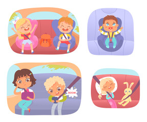 Kids travel by car set, boys and girls sit in backseat with seat belt, playing with phone