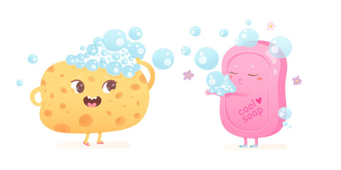 Cute sponge and soap characters for hygiene in bathroom and cleaning body, yellow loofah