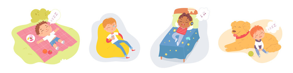 Lazy boys and girls sleep and relax set, tired kid falling asleep after playing, nap time