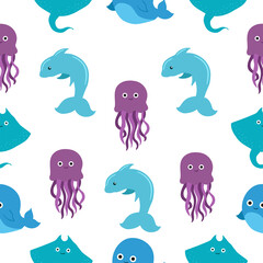Underwater world with fish, stingrays, dolphins, octopuses and whales. Vector cute illustration of the ocean or sea. A set of marine and ocean underwater animals