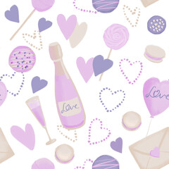 Seamless pattern with romantic background love sumbol illustration for Valentine holiday in pink purple color on white background